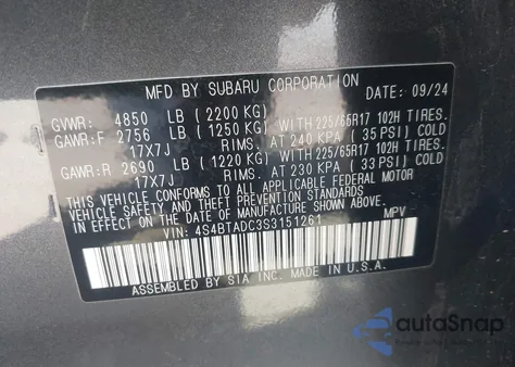 2025 Subaru Outback Premium from USA, damaged, VIN 4S4BTADC3S3151261